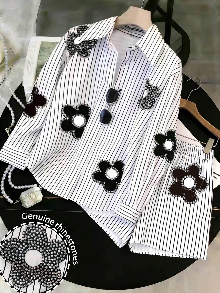 Resyla Women's Striped Rhinestone Decor Shirt And Shorts 2 Piece Set, Casual Minimalist Fashion Outfit - Multicolor - View 1