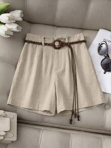 Franclia Plus Size Women Casual Shorts With Woven Belt, Suitable For Summer, Beach, Commute, Versatile, Elegant Pants - Apricot - View 6