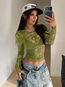 StreetHx 女士时尚透视蕾丝圆领性感长袖上衣 - 橄欖綠 - 查看 6