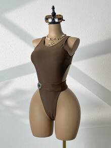 Swim SXY Premium Metal Buckle Waist Backless One-Piece Swimsuit, Slimming, Suitable For Vacation & Spa - Multicolor - View 4