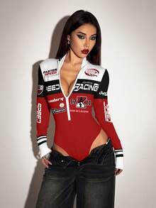 SHEIN ICON 女士时尚街头风撞色字母图案拉链长袖连体衣，秋季款 - 彩色 - 查看 6