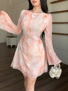 Modelyn Women's Spring/Summer Woven Chiffon Tie Dye Embroidered Long Sleeve Waist Cinched A-Line Elegant Dress - Multicolor - View 5