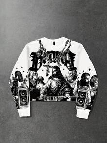 ROMWE MEN Goth Spring Casual Graphic White Men'S Street Style Casual Printed Pullover Pullover Sweatshirt - White - View 1