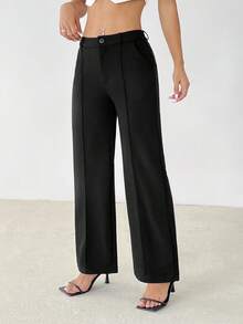 SHEIN PETITE Women's Casual Commuting Solid Straight Pants - Black - View 3