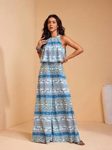 JIAN LASALA 女士度假休闲圆领无袖叠层阔腿长款连体裤，全身印花 - 藍色 - 查看 4