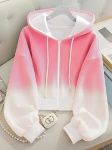 Resyla 女士休闲渐变色落肩长袖拉链抽绳卫衣 - 粉色 - 查看 3