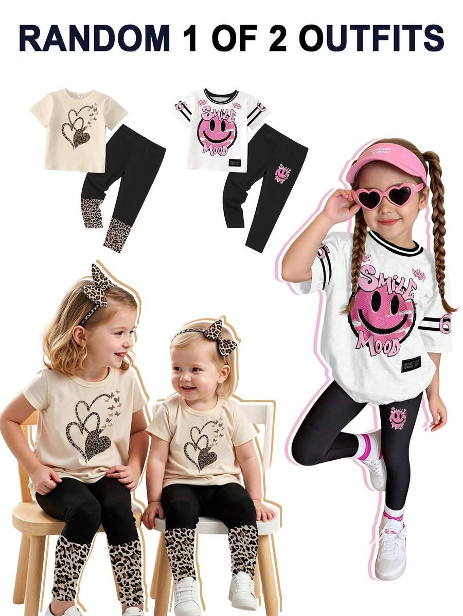 2 buc/set fete tinere casual elegant creativ personalizat proaspăt simplu drăguț desen animat cu dungi leopard inimă fluture model literă slogan imprimare tricou scurt de bază și colanți costum, purtare zilnică confortabilă, stiluri confortabile de vară și toamnă, potrivit pentru primăvară, vară, toamnă - Multicolor - Vizualizare 1
