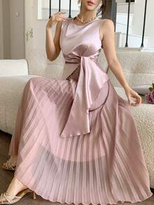 DAZY 及膝圆领褶裥连衣裙，适合婚礼宾客和派对穿着 - 粉色 - 查看 6