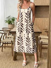 Selamara 女士度假植物印花口袋休闲无袖中长连衣裙 - 米色 - 查看 1