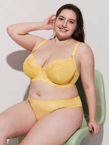 LUVLETTE Plus  Woman Lingerie Full Coverage Support&Breathable Underwire Sexy Unlined Sheer Minimizer Yellow Lace Bra - Yellow - View 4