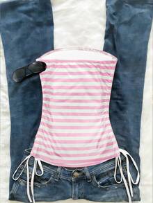 Glimmora Women's Y2K Striped Cross Print Side Drawstring Bandeau Top - Multicolor - View 2