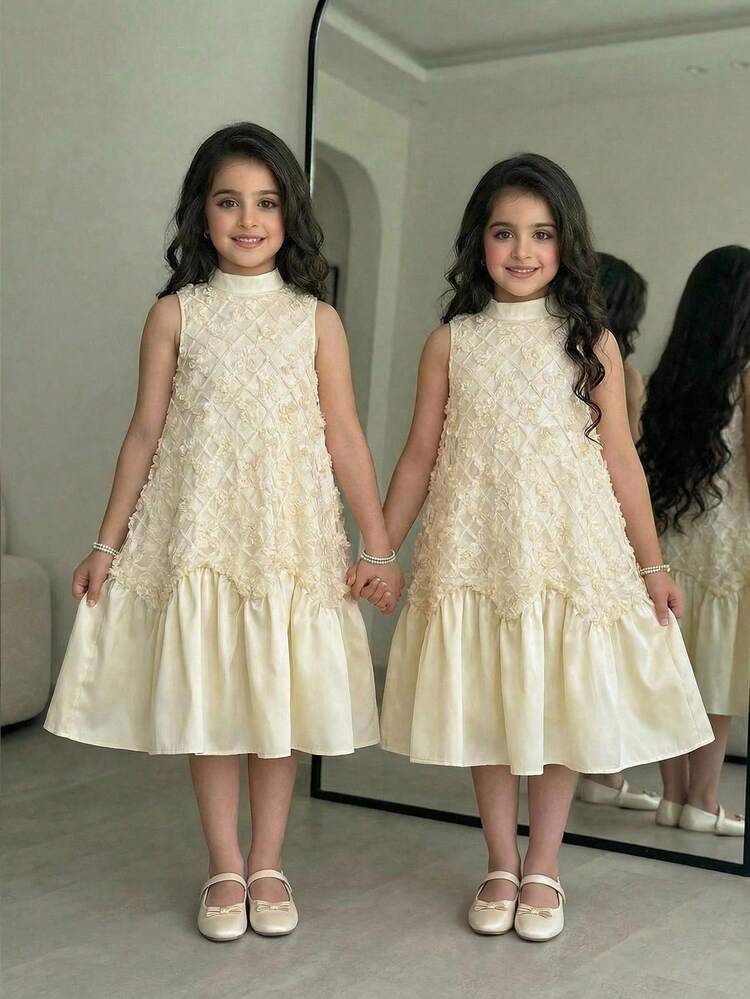 رمضان فستان بياقة حلقية مزين بالأزهار ثلاثية الأبعاد وبتنورة مكشكشة، مناسب للفتيات المراهقات - أبيض - مشاهدة 2