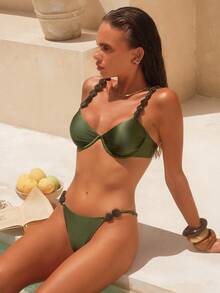 Swim Chiccia 2pcs/Set Summer Beaded Spaghetti Strap Crop Top And Low Waist Briefs Sexy Swimwear Set - Army Green - View 9