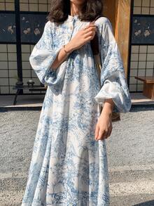 FRIFUL 女士印花蓝色褶皱喇叭袖宽松休闲连衣裙，婚礼宾客礼服，女士吊带裙 - 藍色 - 查看 2