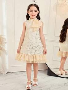 SHEIN Young Girl Elegant Big Bowknot Decor Ruffle Hem Sleeveless A-Line Lace Dress, Gorgeous Princess, - Champagne - View 4
