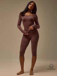 MUSERA ESSENTIALS 修身弹力腰棉质七分裤，仅下装，冬季舒适居家休闲必备单品，可爱日常休闲必备 - 巧克力棕 - 查看 1