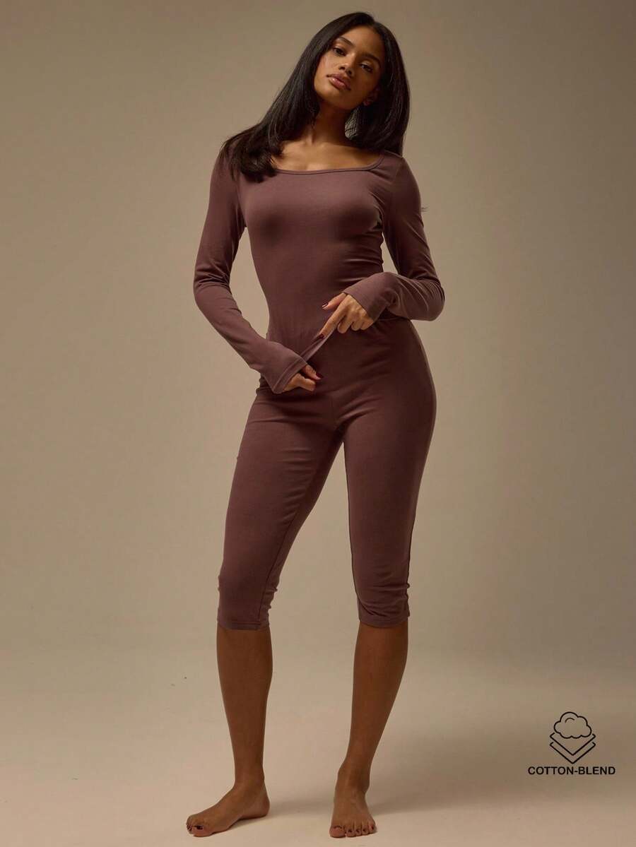 MUSERA ESSENTIALS 修身弹力腰棉质七分裤，仅下装，冬季舒适居家休闲必备单品，可爱日常休闲必备 - 巧克力棕 - 查看 1