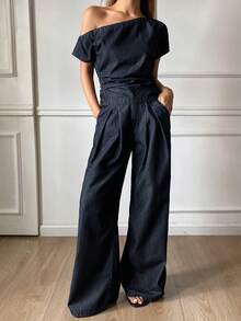 DAZY Women's Asymmetric-Shoulder Denim Top And Straight-Leg Jeans Casual Vacation Denim Set