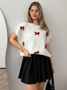 SHEIN Bow-Detail Round Neck Casual Cap Sleeve Knit Top - White - View 2