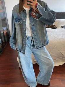 DAZY 西部牛仔风拼接撞色宽松翻领长袖休闲街头秋冬女式外套 - 藍色 - 查看 3