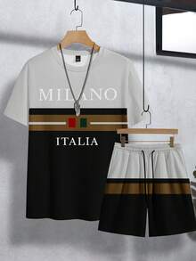 Manfinity Homme 2pcs/Set Classic Colorblock Striped Combo Milan Round Neck Short Sleeve T-Shirt And Shorts Men Two Piece Casual Short Sets - Multicolor - View 2