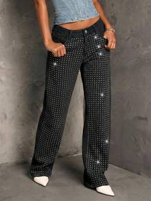 SHEIN BAE Women's Low Waist Embellished Slim Straight Leg Jeans, New Years Eve Outfit, Glitter Pants, Christmas Party Women Pants, Sequin Pants, Holiday Pants, Baggy Women Jeans, Glitter Baggy Jeans, Glitter Pants - Black - View 6