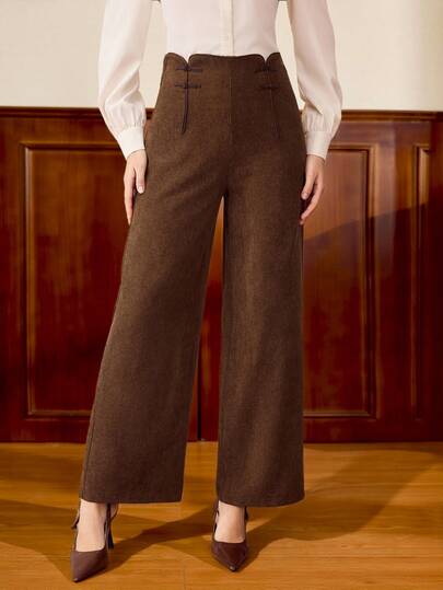 Vintamour Pantalones vintage clásicos y elegantes para mujer, pantalones rectos de corte ajustado, nuevos pantalones marrones con cierre de botones al estilo chino, pantalones largos de bloques de color, para otoño/invierno