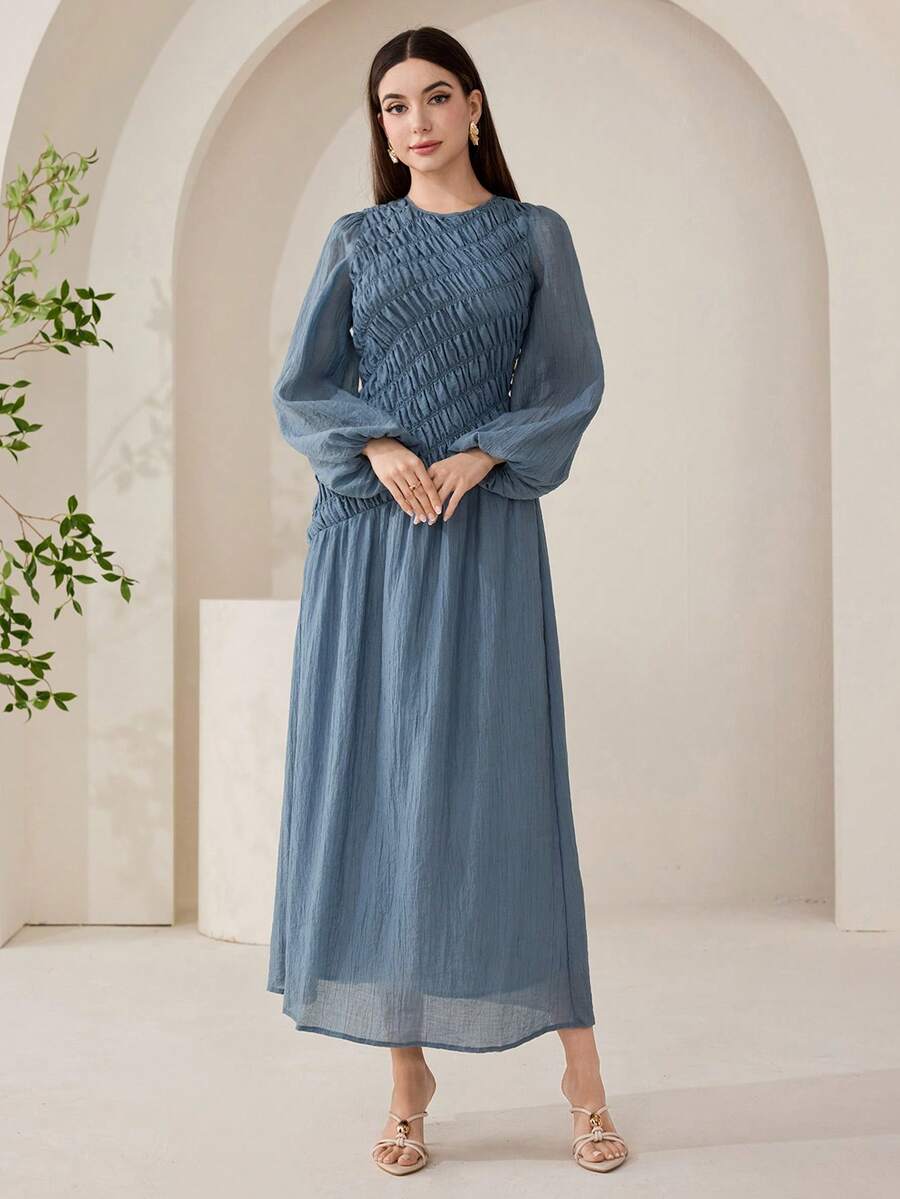 Veilorie Women's Round Neck Solid Color Textured Minimalist Waist Cinching Party Dress
