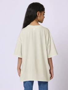 SUMWON Oversized Soft Tee For Girls Relaxed Fit Round Neck Short Sleeve Casual Everyday Top Vacation - Beige - View 2