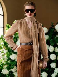 EMERY ROSE Áo sơ mi nữ tay dài cổ chữ V dáng rộng, chất liệu chiffon, kiểu dáng thanh lịch, thường ngày. - Cà phê nâu - Xem 3