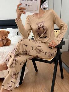 Dream Adore 2pcs Women's Cute Bear Print Long Sleeve Pajama Set - Multicolor - View 4