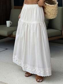 DAZY Chân váy nữ kiểu dáng thường ngày, thoải mái, màu trơn, cạp chun, phối ren tương phản, thích hợp cho kỳ nghỉ xuân/hè. - Màu be - Xem 1