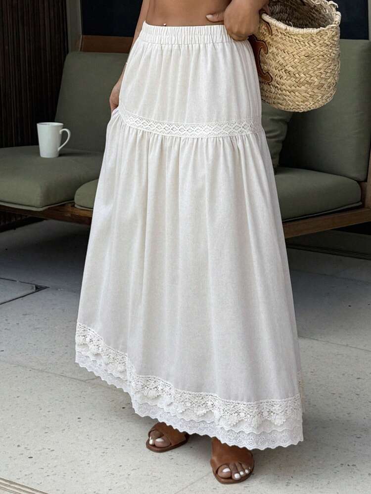 Women's Casual Vacation Style Solid Color Elastic Waist Contrast Lace Skirt, Spring/Summer