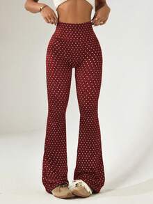 Dewbera 女士常规腰围黑色波点印花喇叭裤，适合日常休闲穿着、跑步、瑜伽、健身、网球、高尔夫等运动，秋冬季款 - 酒紅色 - 查看 2