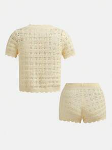 Franclia Vacation Style Casual Hollow-Out Knit Top And Shorts Set - Yellow - View 2