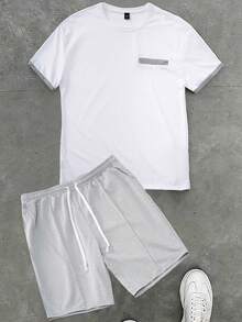 Manfinity Homme 男士休闲撞色圆领落肩短袖T恤短裤套装，夏季 - 灰色 - 查看 5