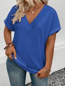 Selamara 大码基础款V领翻边袖口T恤，藏蓝色，休闲时尚 - 藍色 - 查看 5