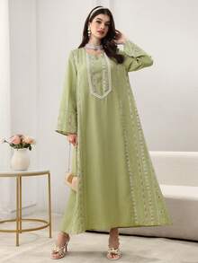 Yasmyna Fashionable Casual Loose Round Neck Embroidered Flared Long Sleeve Elegant Women Dress - Multicolor - View 4