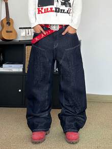 STEELVANCE Street Fashion Shoes Print 3D Rivet Design Simple Solid Color Versatile Loose Wide-Leg Jeans Rave - Blue Black - View 1