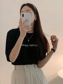 DAZY 女士宽松常规字母印花 T 恤夏季 - 黑色 - 查看 5