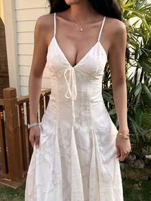 DAZY Textured Waist Cinching Midi Dress With Flared Skirt For Women - Beige - View 6