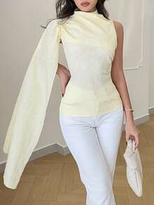 Elenzga Women's Spring/Summer New Elegant Commuter Chic Minimalist Versatile Daily Date High-End Ribbon Design Textured Fabric Shallow Yellow Sleeveless Blouse - Light Yellow - View 6