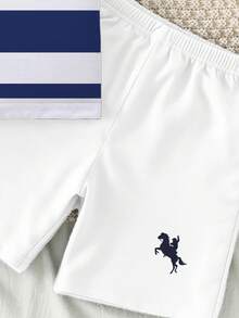 2pcs/Set Toddler Boys' Casual Striped Horse Print Short Sleeve T-Shirt And Shorts Set, Comfortable Daily Wear, Spring/Summer - Multicolor - View 4