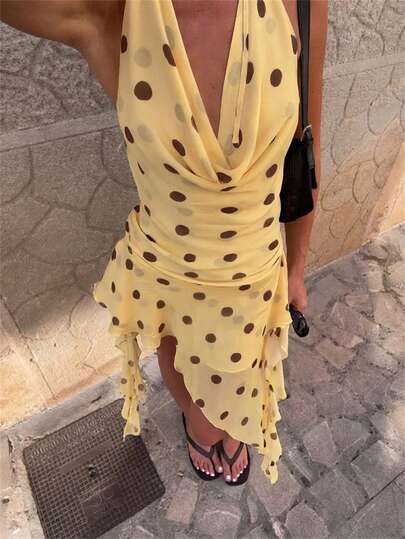Aloruh Women's Elegant Plunging Neck Tie Strap Polka Dot Print Beach Vacation Mini Dress,Polka Dot Print  Dress, Summer Holiday Outfits,Vacation Outfits Women,Floral Dress,Elegant Dress For Women,Summer Dress,Beach Dress,Vacation Dress,Polka Dot Dress