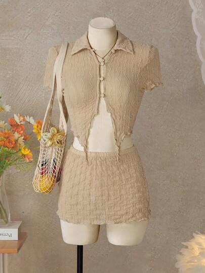 Bellisia 2件套春夏度假米色纹理不对称下摆上衣和半裙套装