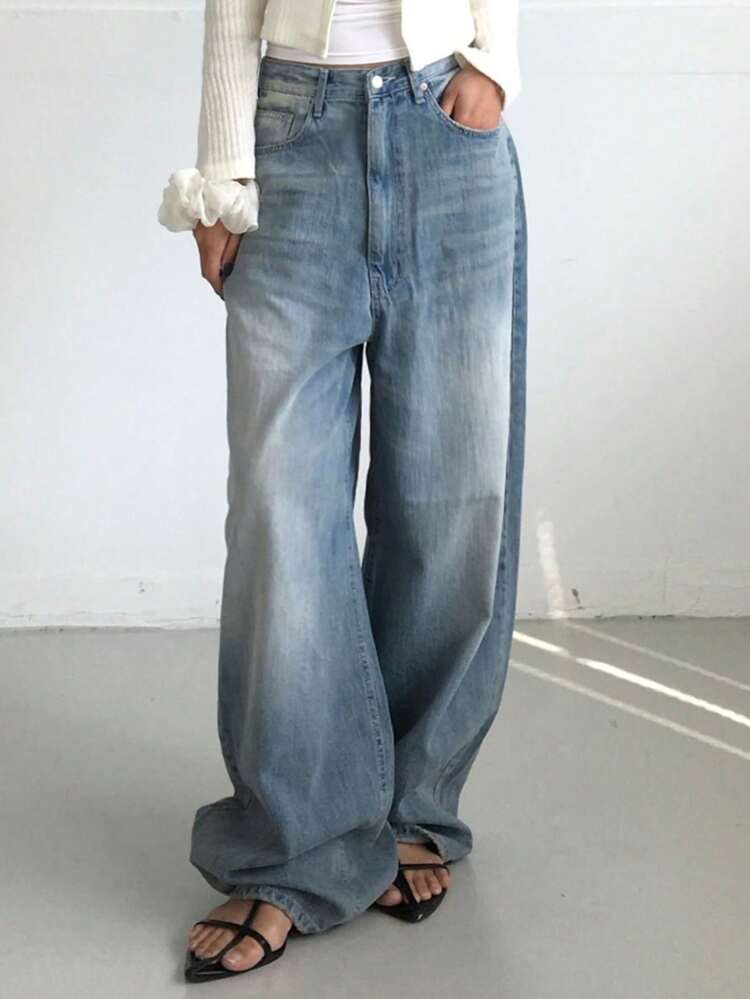 Vintage Washed Loose Fit High Waist Wide Leg Jeans, Versatile Light Blue Denim Pants For Women, Winter Y2k