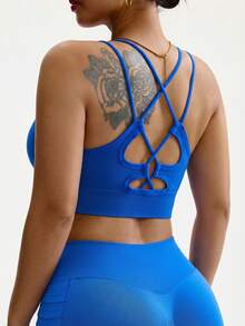 Rhythm Era Plus Size Women Seamless Criss-Cross Back Sports Bra, Fashionable Solid Color - Royal Blue - View 5