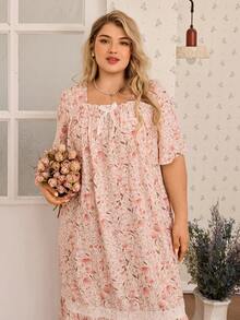 CottageSlumber Große Größen Damen Nachthemd mit Blume Muster, Schleifen-Dekor, weite Kurzarmform, Spitzenbesatz, geeignet für Frühling/Sommer - Altrosa - Übersicht 5