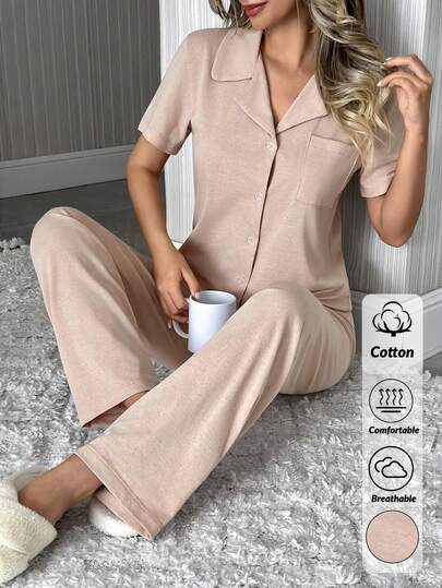 SHEIN 2 pezzi Set pigiama donna con top a maniche corte e pantaloni, casual e ampio, con stampa a cuori, adatto per casa e uso esterno