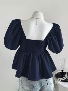 Elamini Áo sơ mi nữ màu đỏ xếp ly cổ chữ V sâu, kiểu dáng thanh lịch, thường ngày. - Màu xanh hải quân - Xem 2